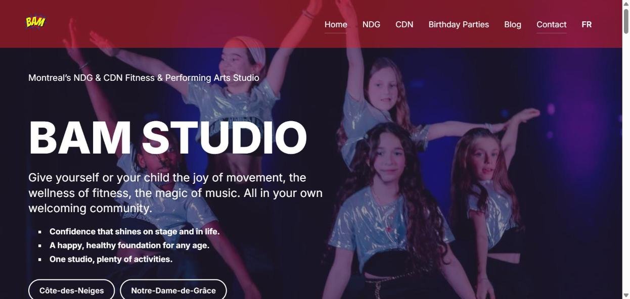 BAM Studio website homepage, fitness and performing arts studio in NDG, Montréal